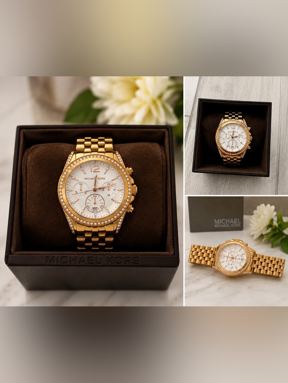 Michael Kors Gold and White Crystal-Accent Chronograph Bracelet Watch
